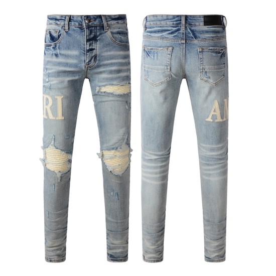 Amiri Staggered Embroidered Logo Jean Indigo / White Amiri Staggered Embroidered Logo Jean Indigo / White