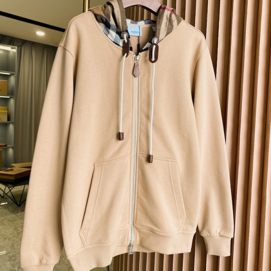 Burberry Check Hood Cotton Zip Hoodie Beige Burberry Check Hood Cotton Zip Hoodie Beige