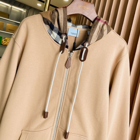 Burberry Check Hood Cotton Zip Hoodie Beige Burberry Check Hood Cotton Zip Hoodie Beige