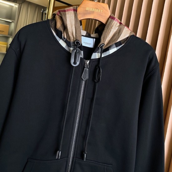 Burberry Check Hood Cotton Zip Hoodie Black Burberry Check Hood Cotton Zip Hoodie Black