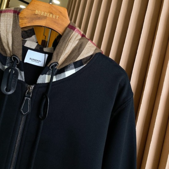 Burberry Check Hood Cotton Zip Hoodie Black Burberry Check Hood Cotton Zip Hoodie Black
