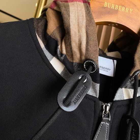 Burberry Check Hood Cotton Zip Hoodie Black Burberry Check Hood Cotton Zip Hoodie Black