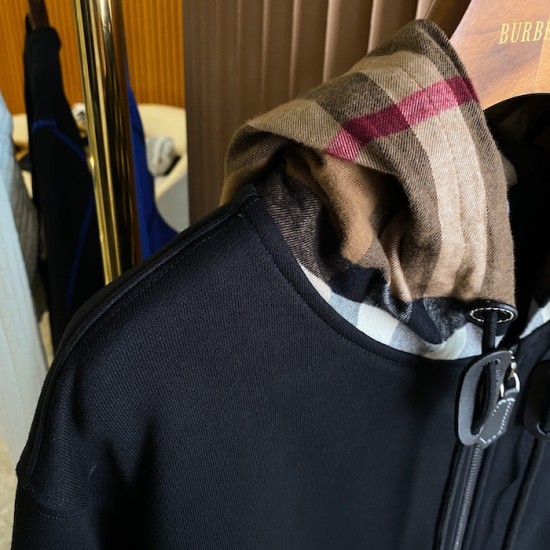 Burberry Check Hood Cotton Zip Hoodie Black Burberry Check Hood Cotton Zip Hoodie Black