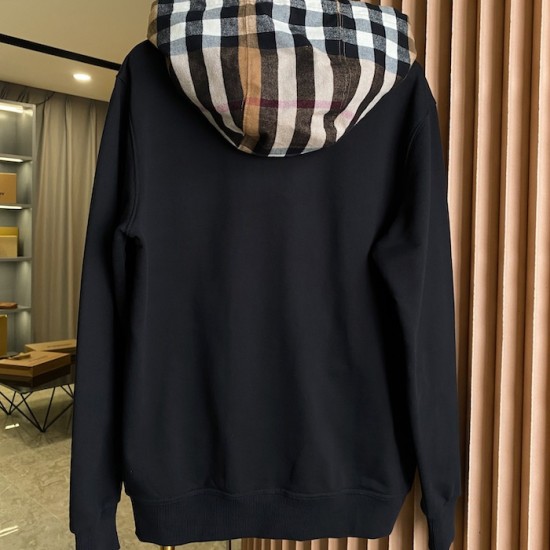 Burberry Check Hood Cotton Zip Hoodie Black Burberry Check Hood Cotton Zip Hoodie Black