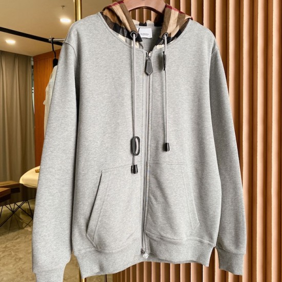 Burberry Check Hood Cotton Zip Hoodie Gray Burberry Check Hood Cotton Zip Hoodie Gray