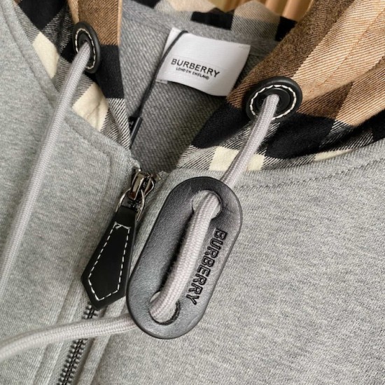 Burberry Check Hood Cotton Zip Hoodie Gray Burberry Check Hood Cotton Zip Hoodie Gray
