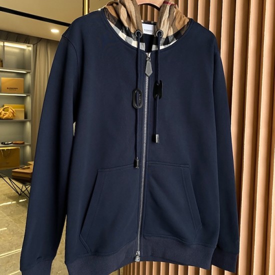 Burberry Check Hood Cotton Zip Hoodie Navy Burberry Check Hood Cotton Zip Hoodie Navy