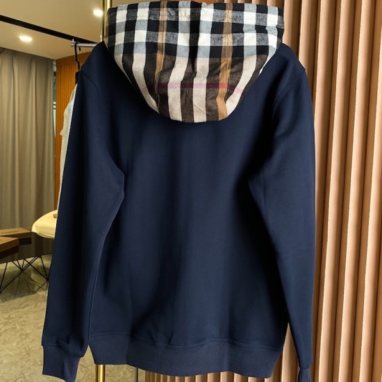 Burberry Check Hood Cotton Zip Hoodie Navy Burberry Check Hood Cotton Zip Hoodie Navy