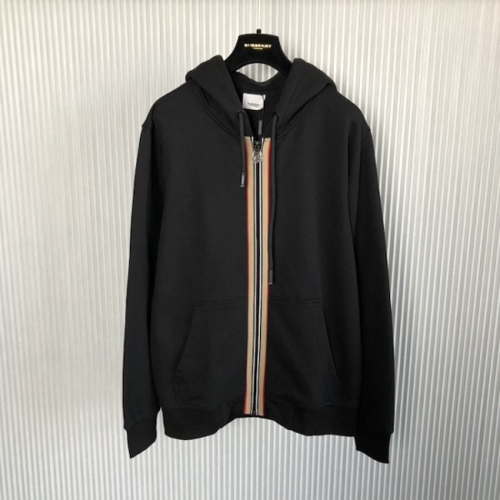 Burberry Icon Stripe Detail Cotton Zip-Front Hooded Sweatshirt Black Burberry Icon Stripe Detail Cotton Zip-Front Hooded Sweatshirt Black