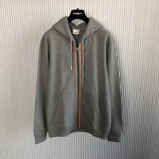 Burberry Icon Stripe Detail Cotton Zip-Front Hooded Sweatshirt Gray Burberry Icon Stripe Detail Cotton Zip-Front Hooded Sweatshirt Gray