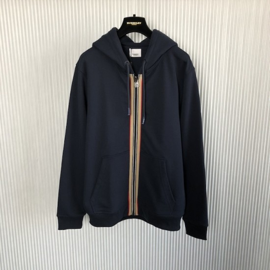 Burberry Icon Stripe Detail Cotton Zip-Front Hooded Sweatshirt Navy Burberry Icon Stripe Detail Cotton Zip-Front Hooded Sweatshirt Navy