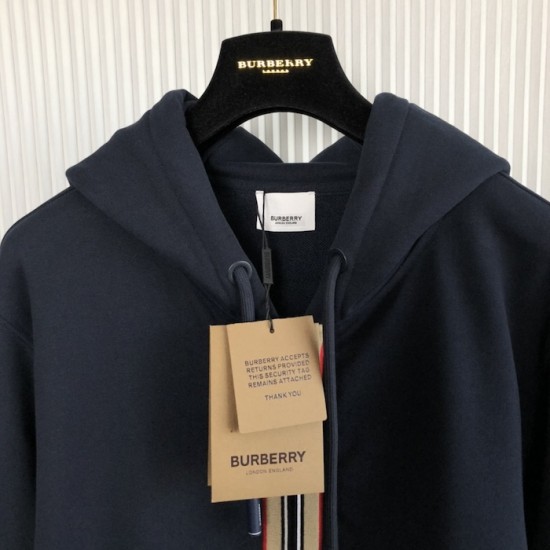 Burberry Icon Stripe Detail Cotton Zip-Front Hooded Sweatshirt Navy Burberry Icon Stripe Detail Cotton Zip-Front Hooded Sweatshirt Navy