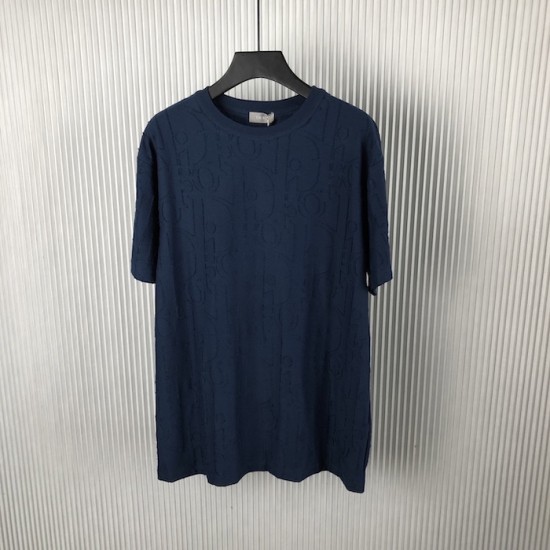 Replica Dior Oblique Deep Blue Cotton T-Shirt - Luxury Streetwear Tee Replica Dior Oblique Deep Blue T-Shirt front and back view on model