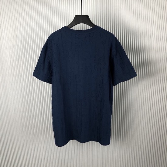 Replica Dior Oblique Deep Blue Cotton T-Shirt - Luxury Streetwear Tee Replica Dior Oblique Deep Blue T-Shirt front and back view on model