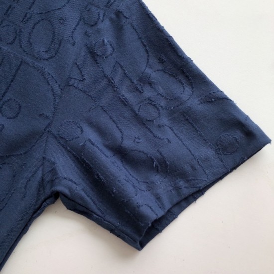 Replica Dior Oblique Deep Blue Cotton T-Shirt - Luxury Streetwear Tee Replica Dior Oblique Deep Blue T-Shirt front and back view on model