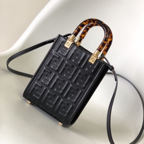 Fendi Mini Sunshine Shopper Black FF Zucca Leather Fendi Mini Sunshine Shopper Black FF Zucca Leather