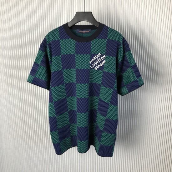 Louis Vuitton Jacquard Damier Short-Sleeved Cotton Crewneck 1AHBCV Louis Vuitton Jacquard Damier Short-Sleeved Cotton Crewneck 1AHBCV
