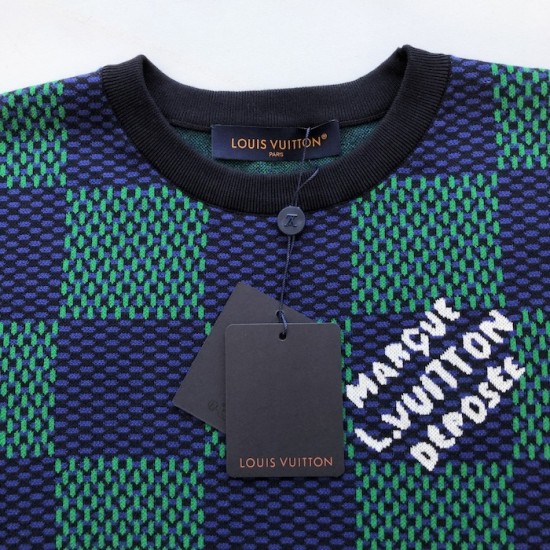 Louis Vuitton Jacquard Damier Short-Sleeved Cotton Crewneck 1AHBCV Louis Vuitton Jacquard Damier Short-Sleeved Cotton Crewneck 1AHBCV