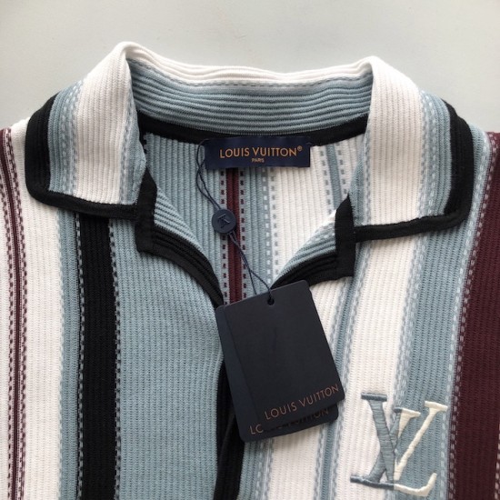 Replica Louis Vuitton Striped Crochet Summer Shirt - Designer Style Replica Louis Vuitton Striped Crochet Short-Sleeved Shirt - Front and Back View