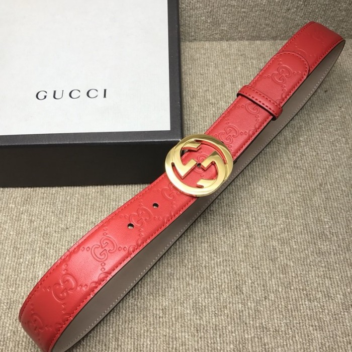 Gucci Signature Guccissima Leather Belt Red with Gold