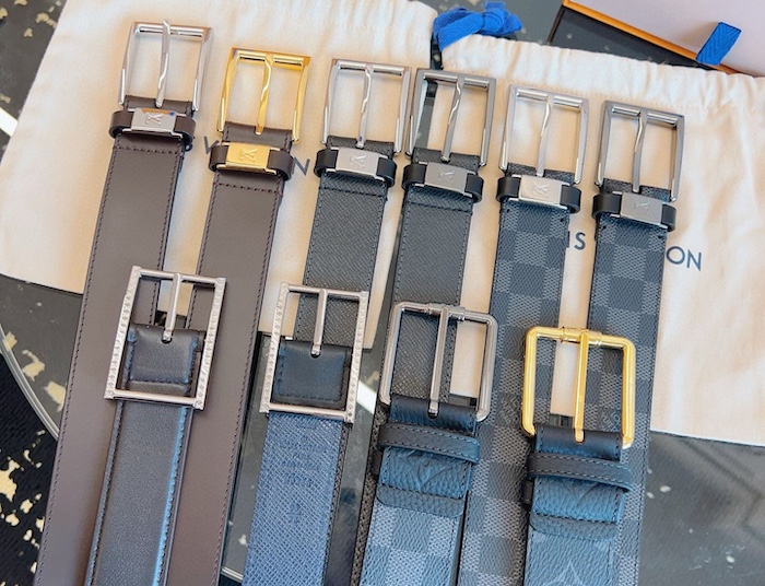 Replica LV Initiales belt paired with jeans, blazer, and casual outfits.
