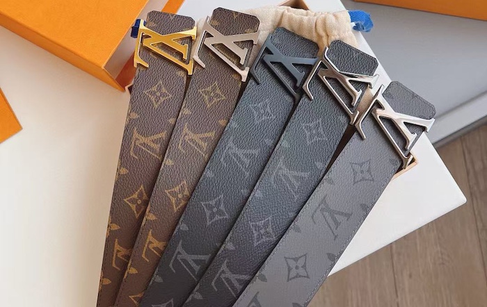 Replica Louis Vuitton belt worn on different waist sizes for fit reference.