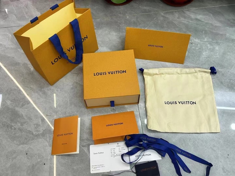Replica LV Initiales belt with dust bag and branded box packaging.